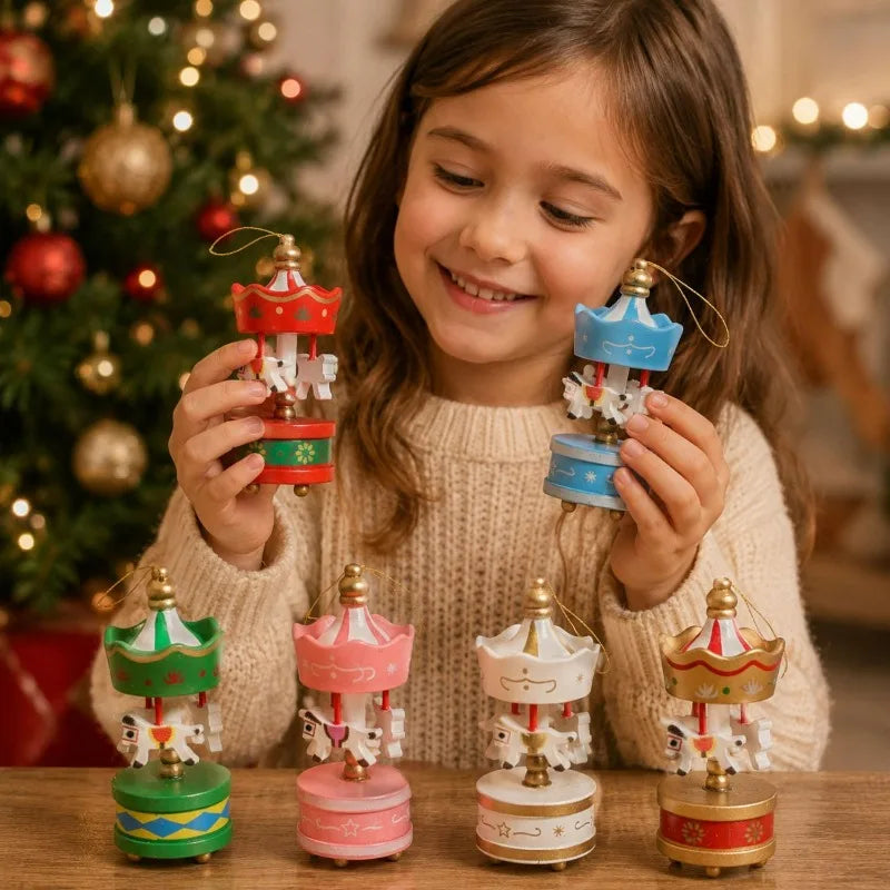 Christmas Wooden Carousel Ornament - Hanging Pendant Holiday Decor & Gift Set