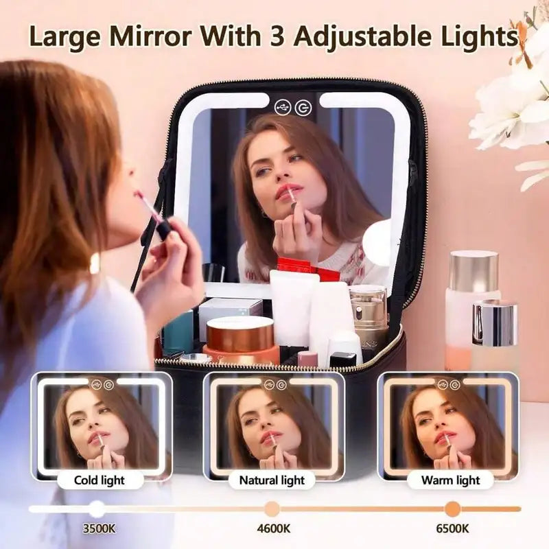 Travel Makeup Bag with LED Lighted Mirror, Large Capacity Rechargeable Cosmetic Organizer Case for Women