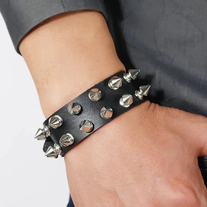Goth Leather Wristband for Men Women - Spike Studded Adjustable Cuff Bracelet