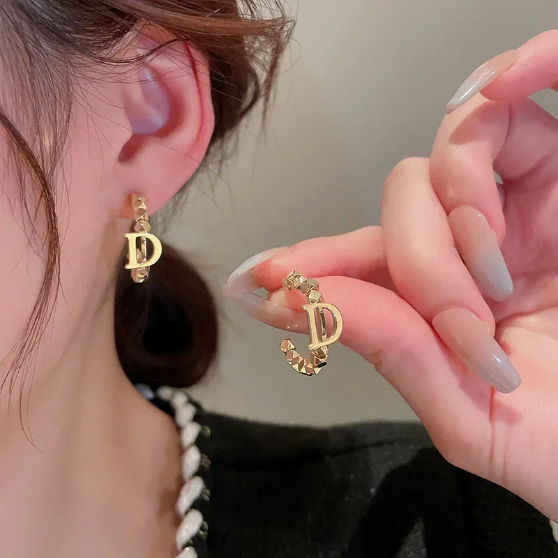 Gold Alloy Beaded Hoop Earrings for Women Geometric Statement Jewelry