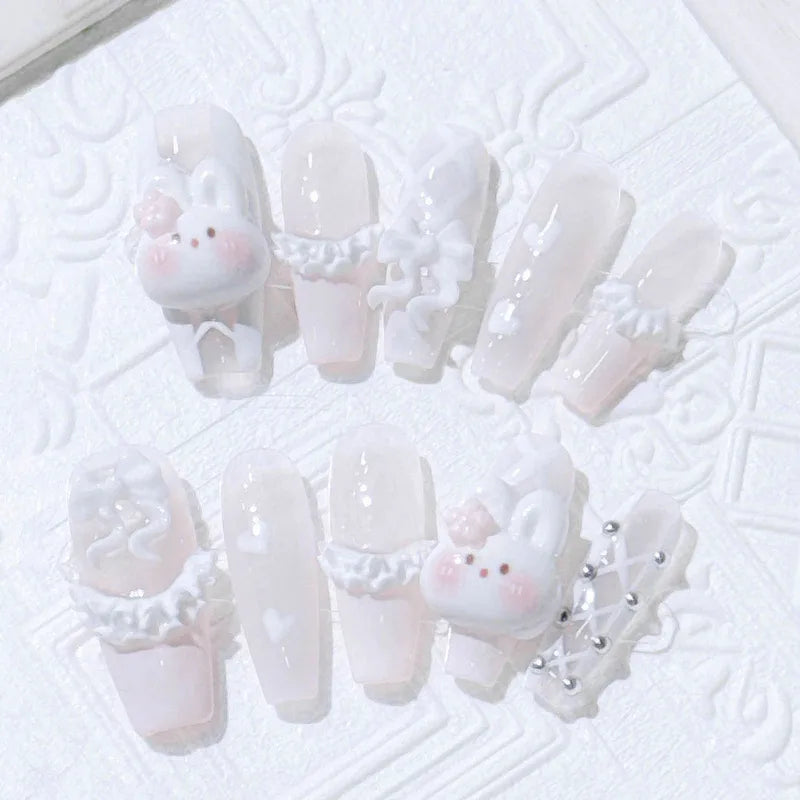 10 Pcs Long Fake Nails with Cute 3D Rabbit French Style White Tips - Handmade Press On Nails