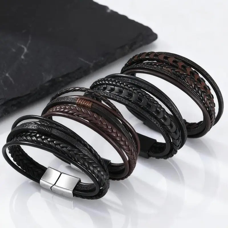 Multi Layer Braided Rope Bracelets for Men - Handmade Leather Wristband with Magnetic Buckle, Trendy Punk Jewelry Gift
