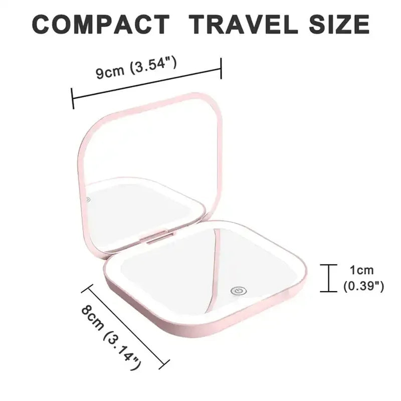 Portable Folding Cosmetic Mirror with Lights - 2X Magnification, Travel-Friendly