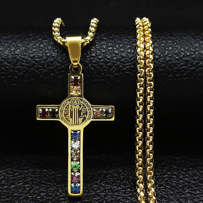 Catholic Jesus Cross Necklace Stainless Steel Pendant Saint Virgin Mary Jewelry