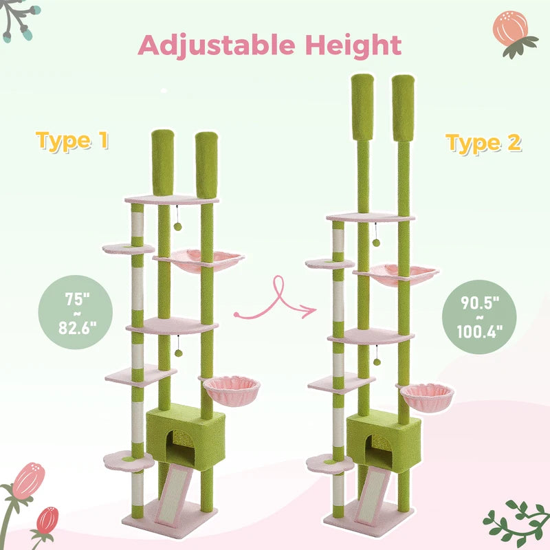 Adjustable Floor-to-Ceiling Cat Tree Tower with Cactus Design, Condo, Hammock & Scratching Post