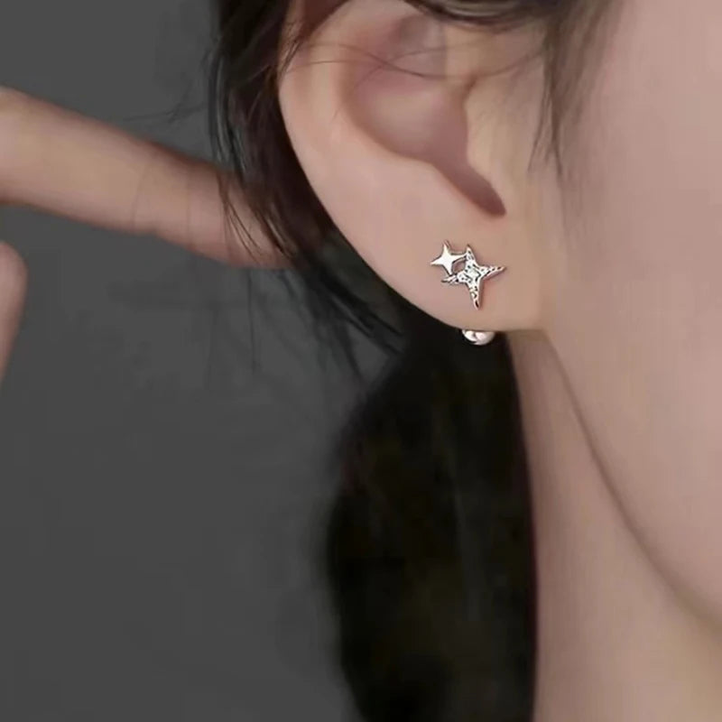 925 Silver Zircon Star Bead Screw Stud Earrings for Women Party Jewelry