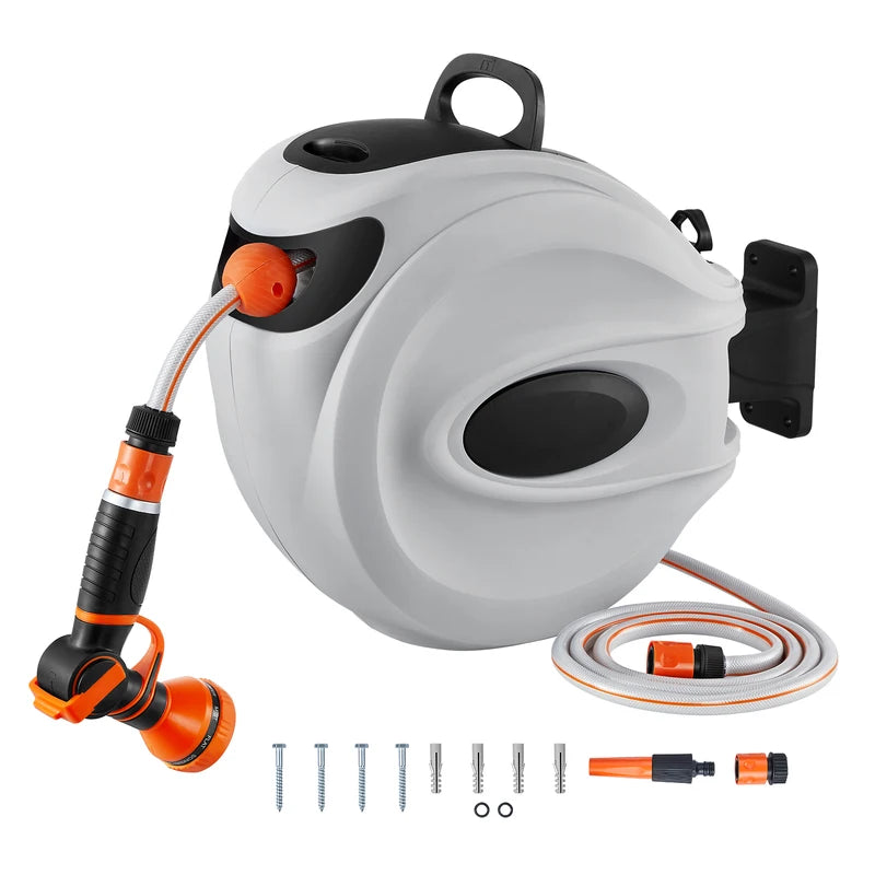 Retractable Garden Hose Reel Wall Mount with 180° Swivel and 9-Pattern Nozzle