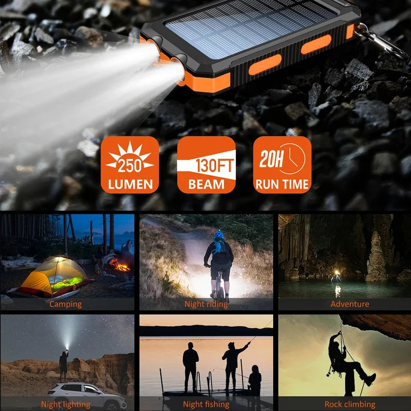 10,000mAh Solar Power Bank with Dual USB & Type C, Flashlight & Compass
