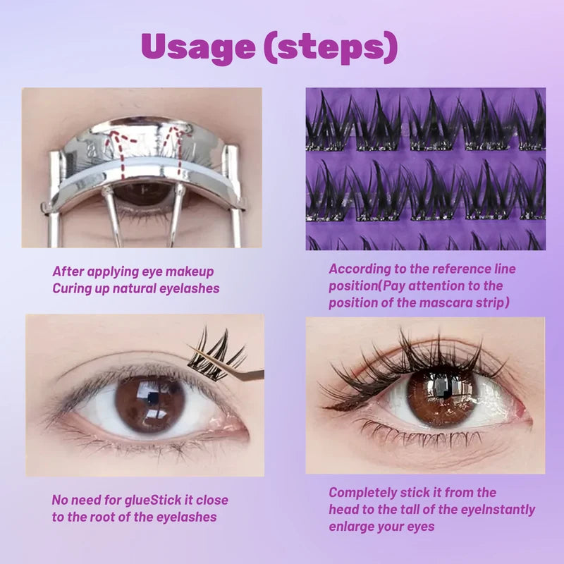 Pre-Glued Self-Adhesive Eyelash Clusters - Cat Eye Style 12mm C Curl, No Residue, Beginner Friendly