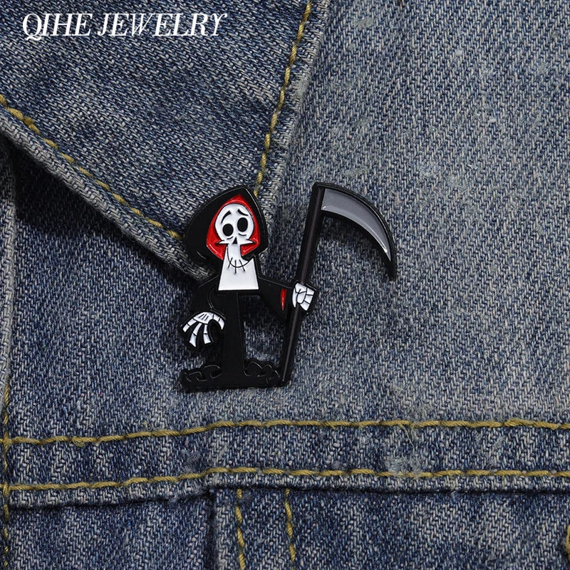 Cartoon Grim Reaper Enamel Brooch Pin Halloween Jewelry Gift Metal Badge
