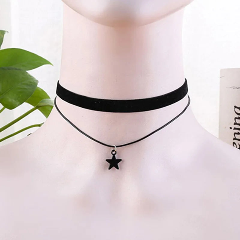 Goth Black Star Choker Necklace Layered Steampunk Tattoo Jewelry for Women