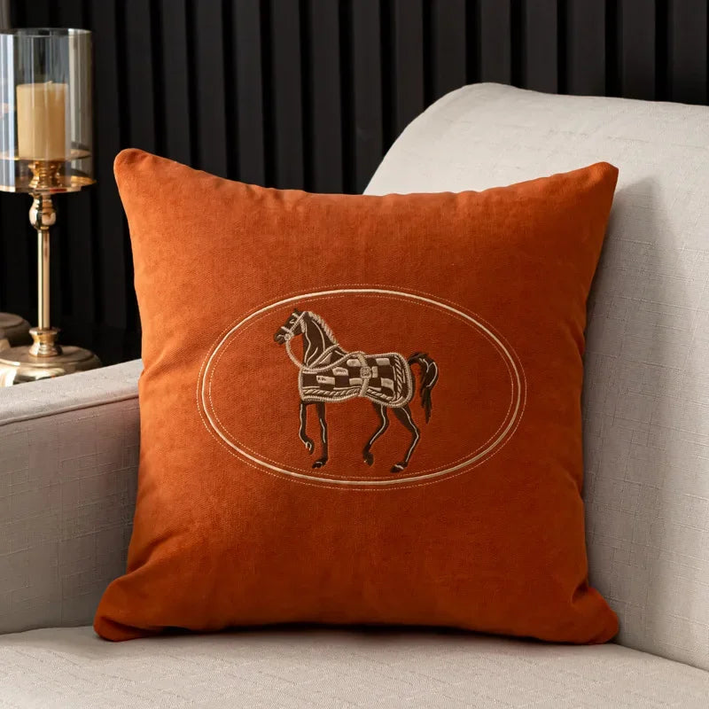 Elegant Hand-Embroidered Cushion Cover with Horse Design 45x45cm - Multiple Colors