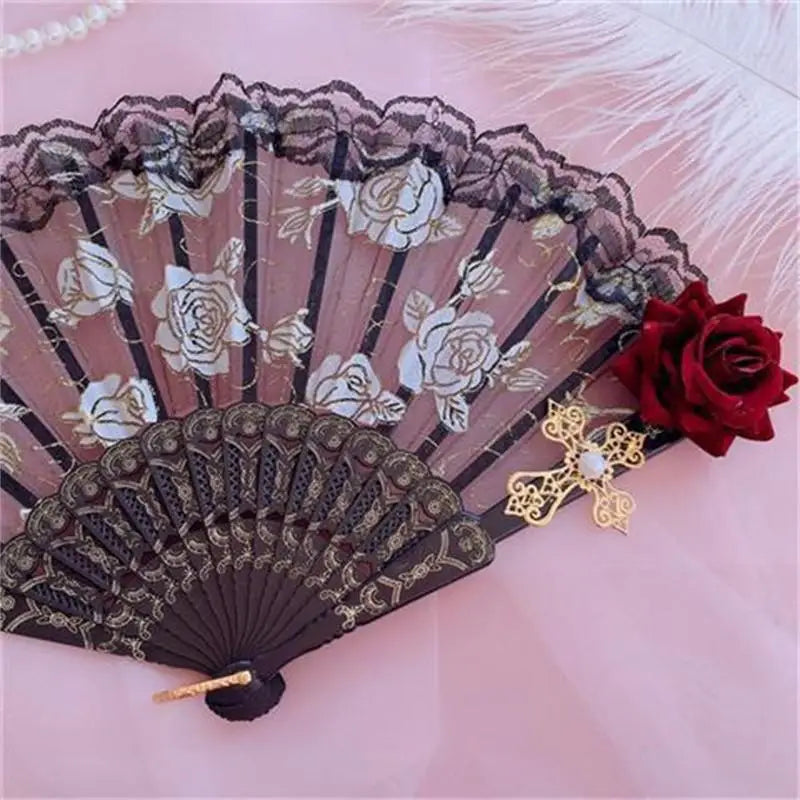 Vintage Gothic Lace Hand Fan for Weddings & Parties - Victorian Style Black Red Pink