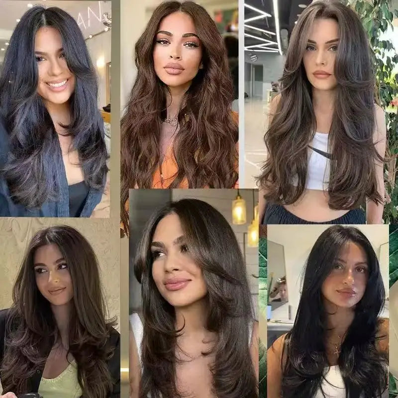 Synthetic V-Shaped Layered Hair Extensions with Clips - Long Straight Wig for Women