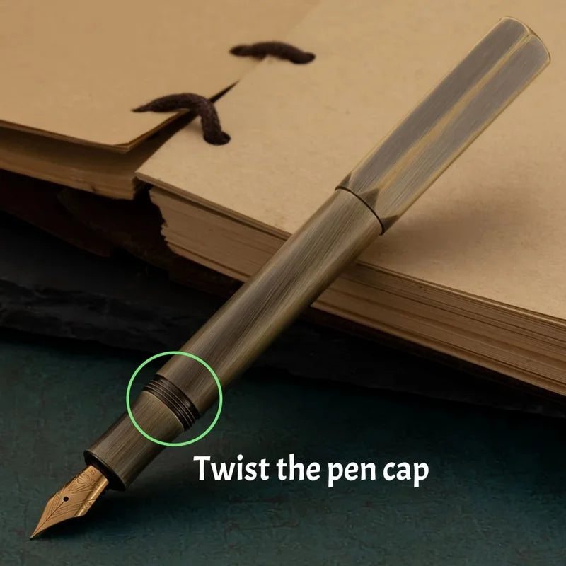 Mini Brass Fountain Pen with 0.5mm Nib Heavy Metal Feel for Signature Calligraphy