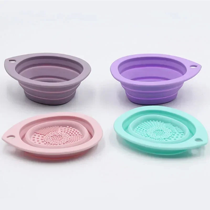 Foldable Silicone Makeup Brush Cleaner Bowl with Soft Mat for Brushes & Sponges