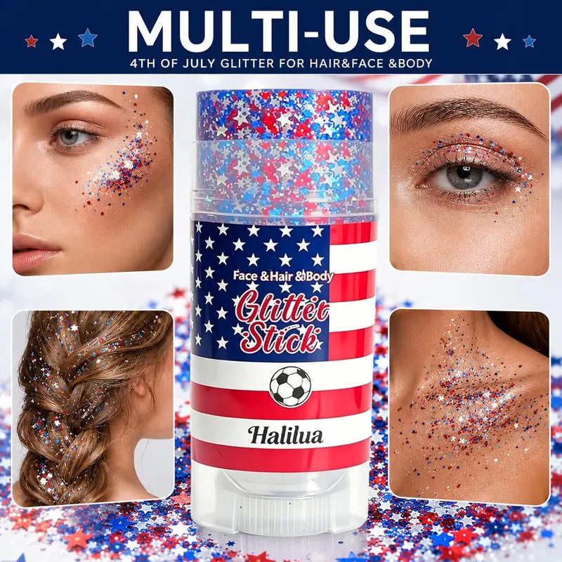 Waterproof Glitter Stick for Face Hair Body & Nails - Patriotic 4th of July Festival Makeup