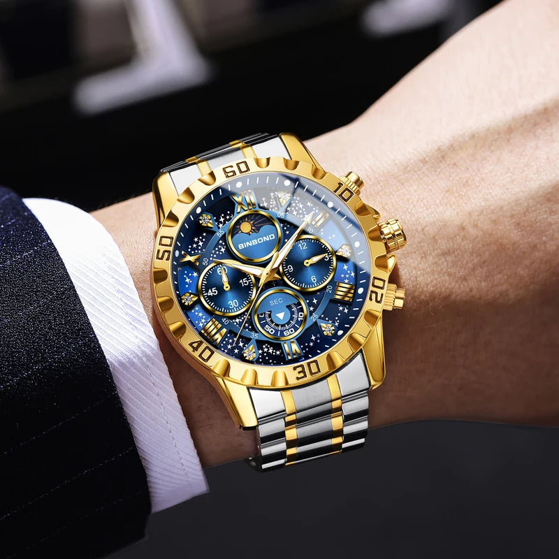 Men's Luxury Quartz Chronograph Watch with Luminous Dial and Stainless Steel Band