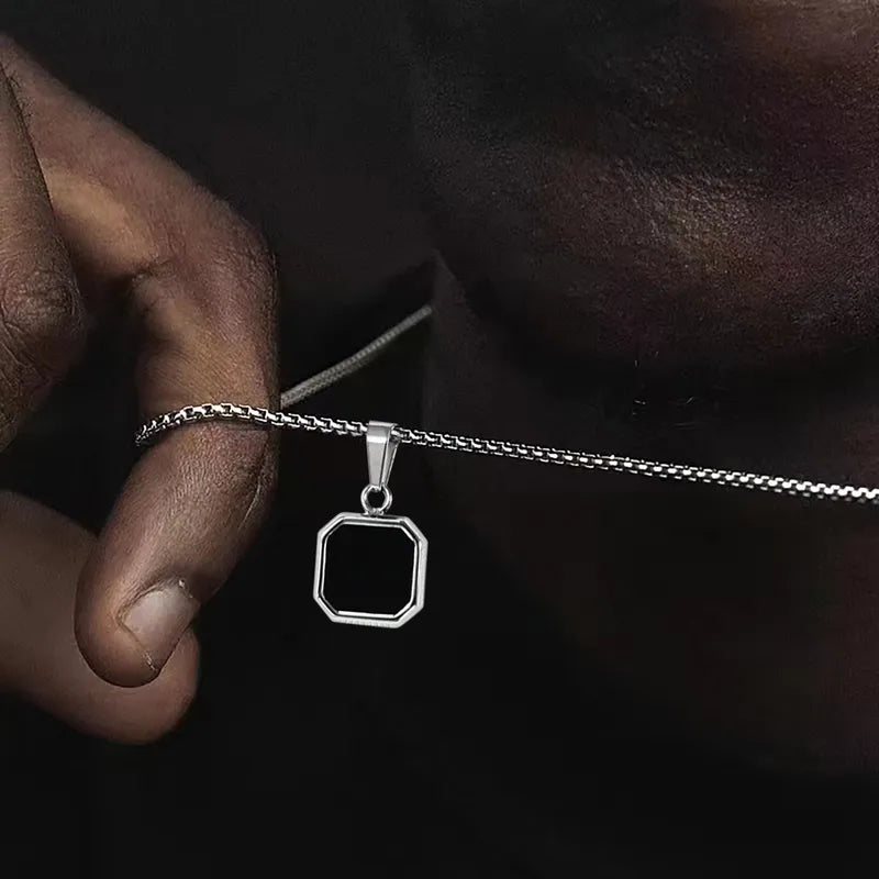 Men's Black Enamel Necklace with Geometric Square Dogtags - Stainless Steel, Anniversary Gift