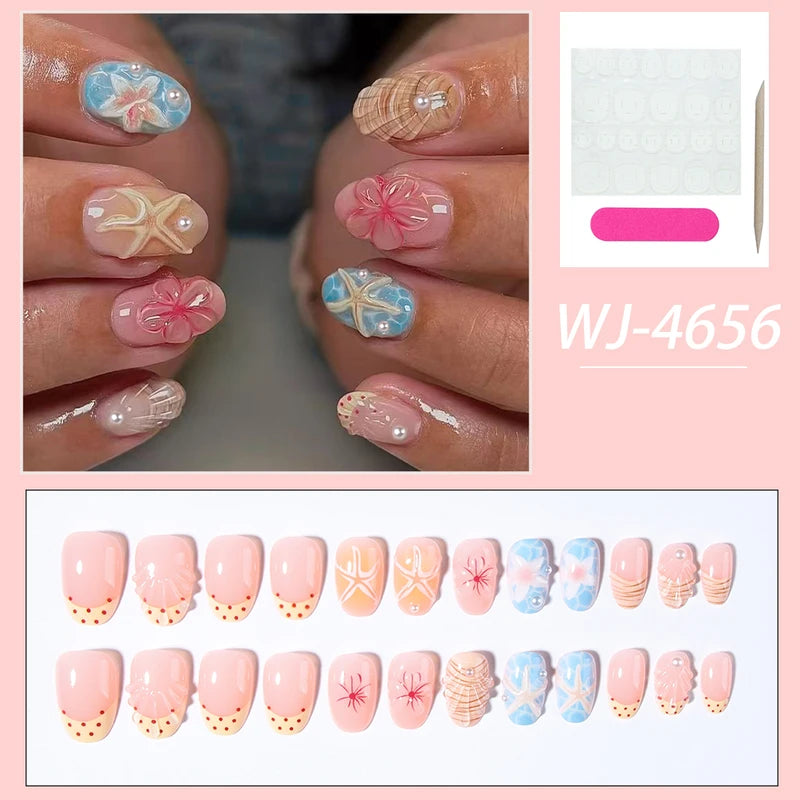 24 Pieces Gel Flower Starburst French Press Nails - Summer Ocean Style Manicure Set