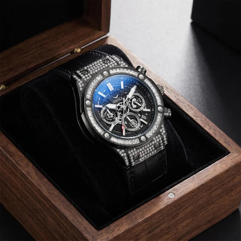 ONOLA Men's Skeleton Diamond Bezel Chronograph Watch with Red Leather Strap Waterproof