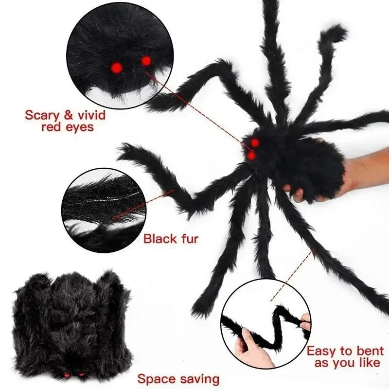 Giant Black Plush Halloween Spider Decor - Indoor Outdoor Haunted House Props