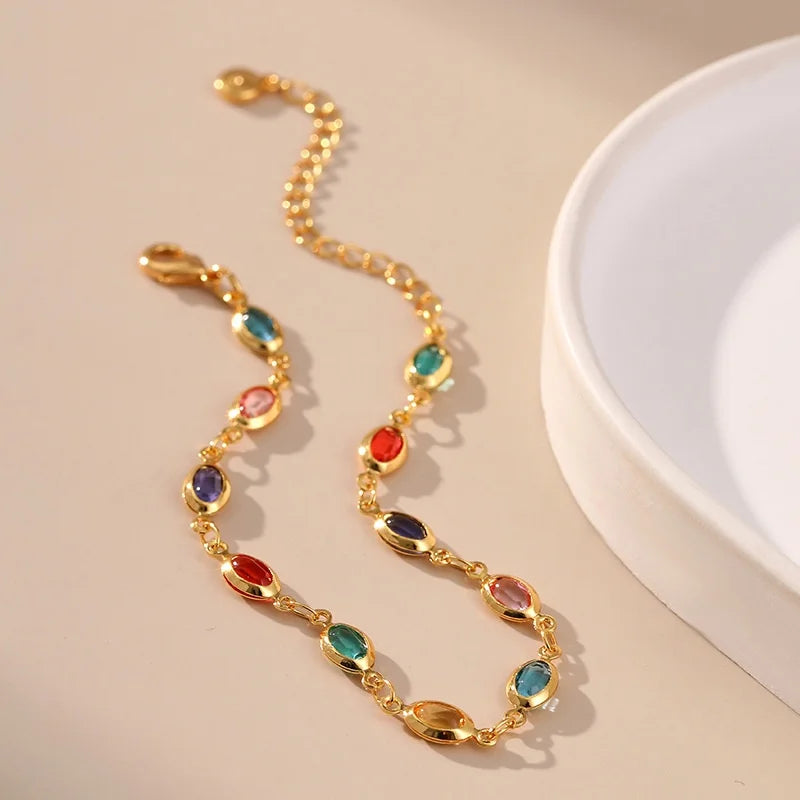 Colorful Rhinestone Beaded Bracelet for Women - Gold Plated Party Jewelry