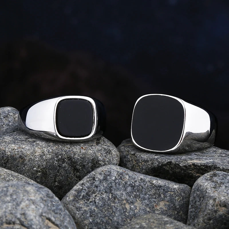 Unisex Stainless Steel Wedding Ring with Black Agate Stone - High-Quality Jewelry