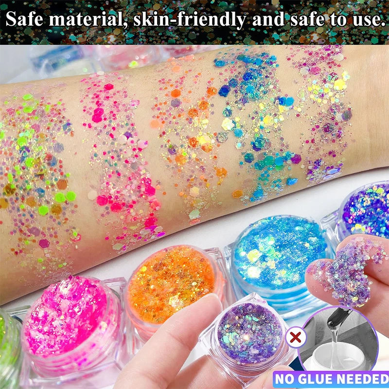 UV Glow Glitter Gel for Face & Body - Waterproof Long-Lasting Festival Makeup