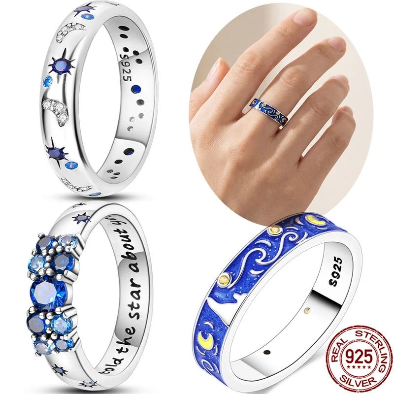 Sterling Silver Star Sun & Starry Sky Ring for Women Wedding Anniversary Jewelry