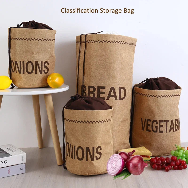 Kitchen Storage Bag Set for Garlic, Onions, Potatoes, Vegetables & Bread - Reusable Burlap Drawstring Sack