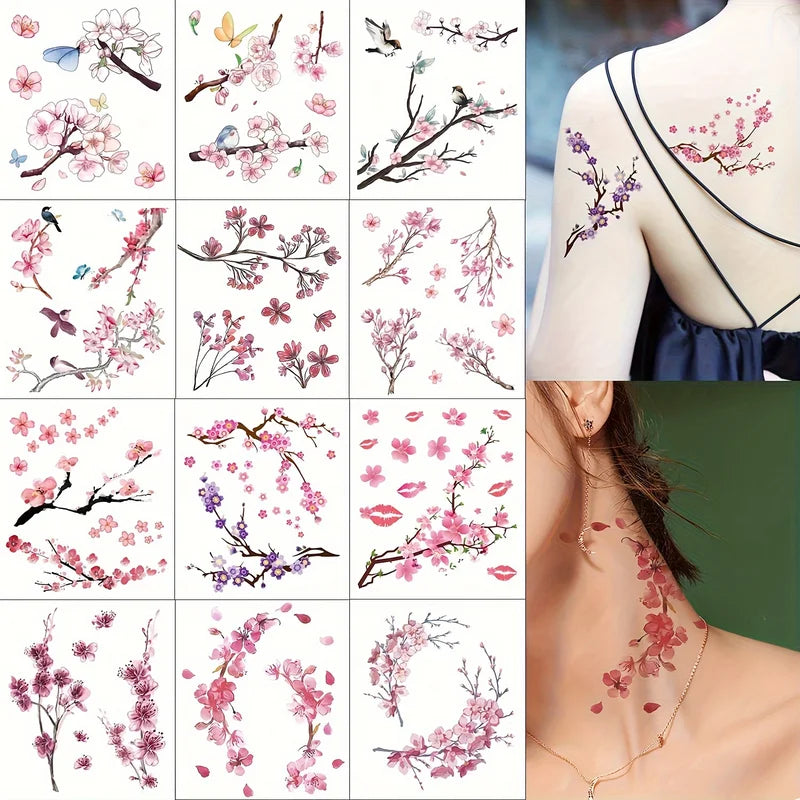 Waterproof Sakura Flower Tattoo Stickers for Body & Arm Art - 12 Sheets