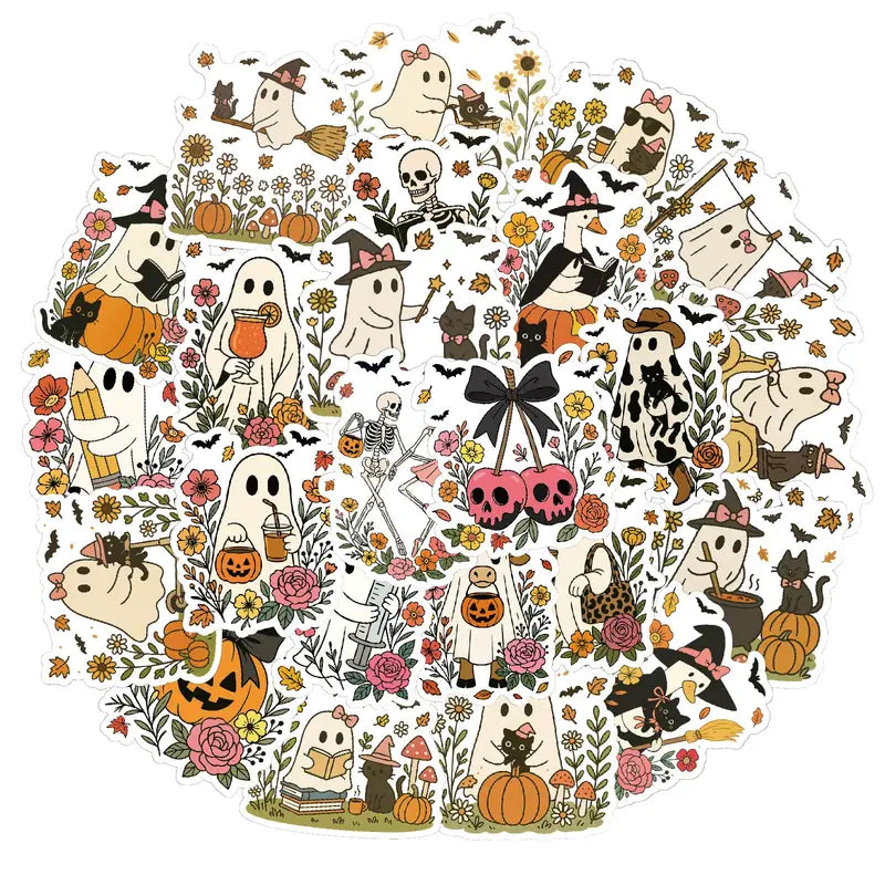 48PCS Cartoon Ghost Flower Stickers Halloween Party Decorations Water Bottle Laptop Diary