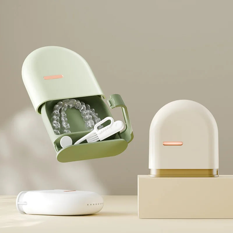 Portable Orthodontic Retainer Case with Cleaning Tool - Denture Mouth Guard Storage