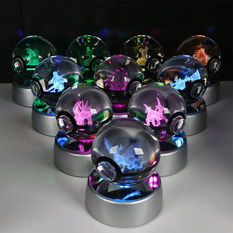 Pokemon Crystal Ball Pikachu Gengar Eevee Mewtwo Night Light with LED Base - 5CM Anime Collectible