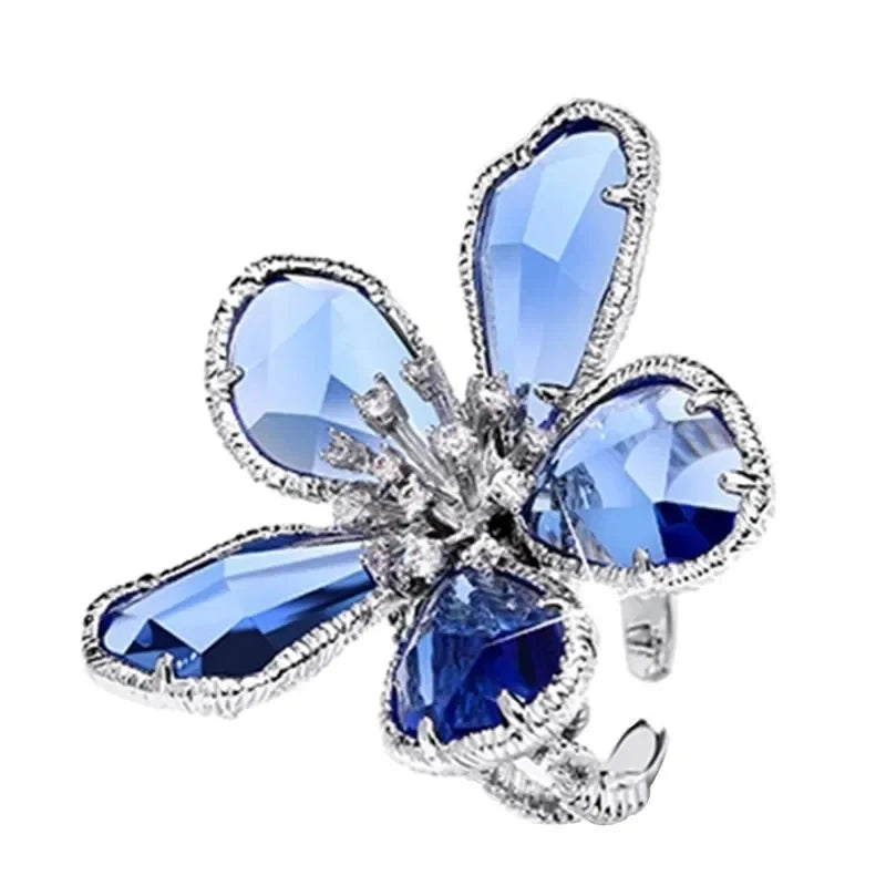 Luxury Crystal Flower Open Ring for Women Trendy Statement Jewelry Summer Holiday