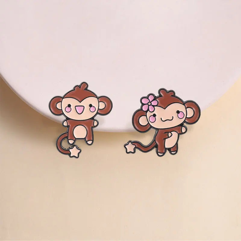 Cute Monkey Enamel Pin Cartoon Star Tail Ape Floral Animal Brooch Jewelry Gift