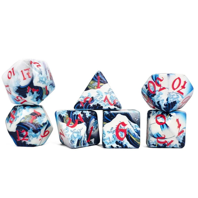 Colorful 7-Piece Wave Print Dice Set for DND RPG Board Games