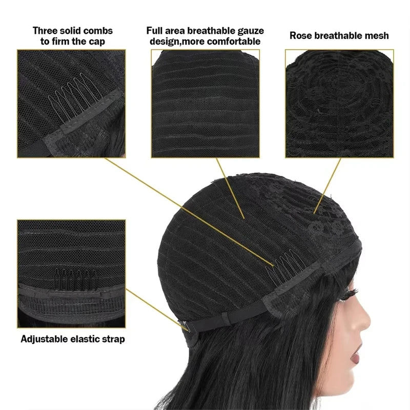 Human Hair Wigs with Bangs - Natural Black Full Machine Wig, Multiple Lengths & Densities