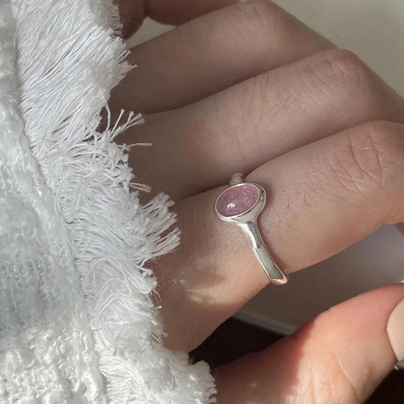 Sterling Silver Pink Stone Ring for Women Geometric Open Handmade Jewelry