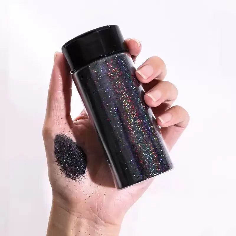 Holographic Black Glitter Powder for Nail Art, Rainbow Bright, Portable