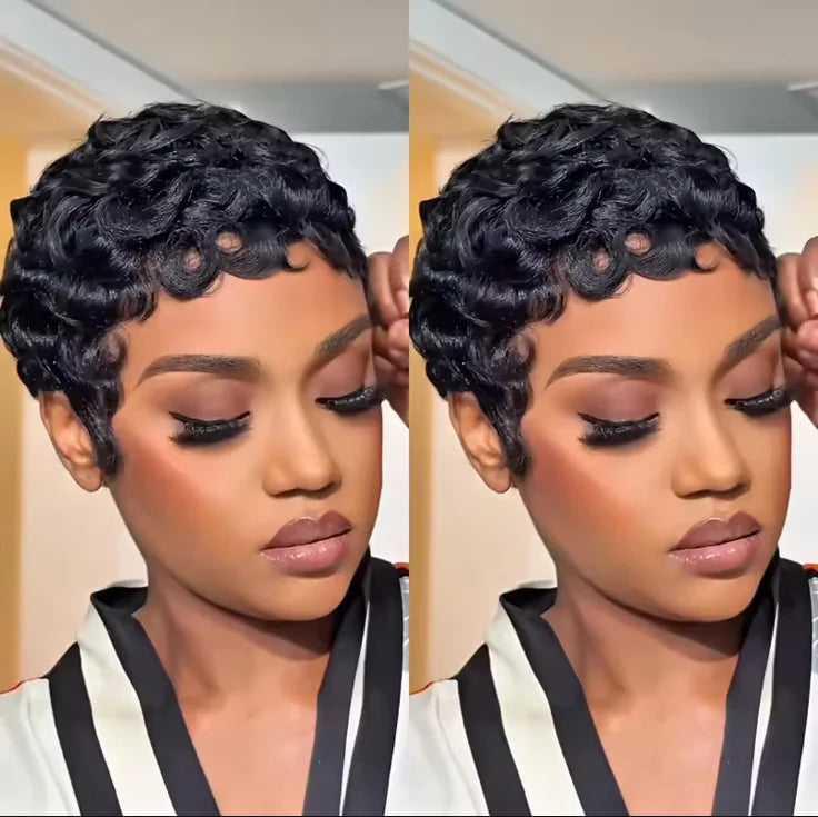 Women's Short Curly Pixie Wig with Bangs - Natural Black, 250% Density