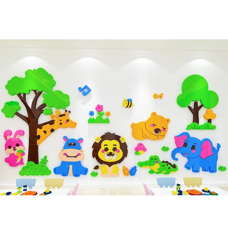 Kids Cartoon Animal Wall Stickers - 3D Acrylic Decor for Child Rooms