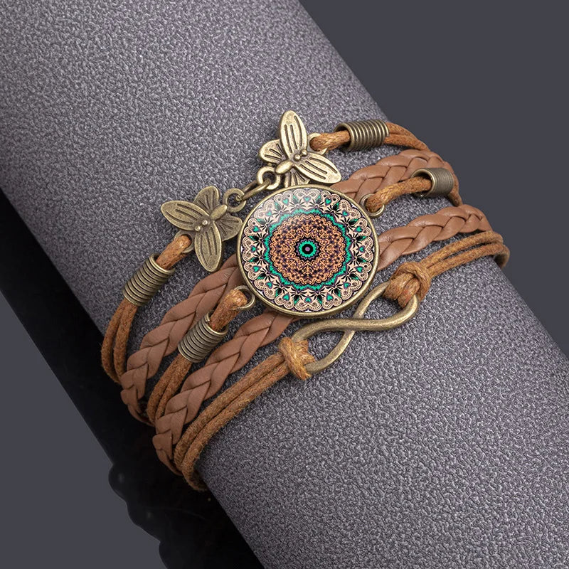 Vintage Mandala Flower Glass Dome Wrap Bracelet for Women - Multilayer Leather Jewelry