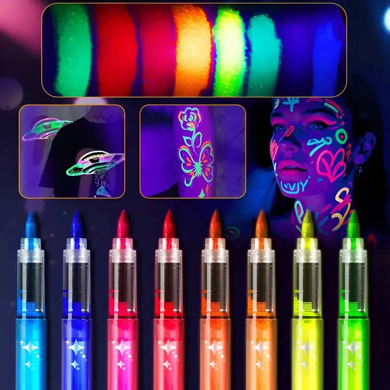 Glow in The Dark Face Paint Markers UV Neon Body Art Pens Waterproof Skin-Safe