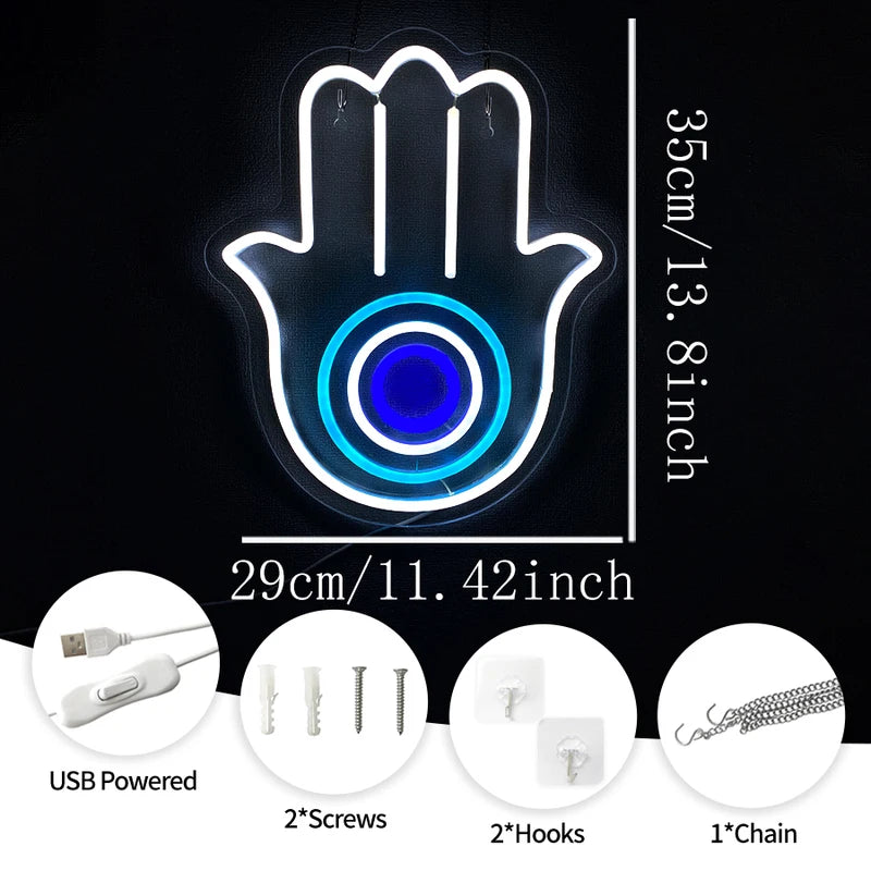 Hamsa Hand Evil Eye Neon Wall Light USB LED Sign for Bedroom Living Room Decor