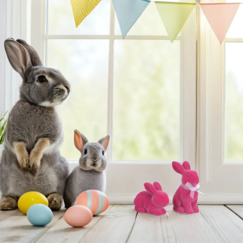 Pink Flocked Easter Bunny Statues Set - Resin Spring Home Decor, Tabletop & Garden