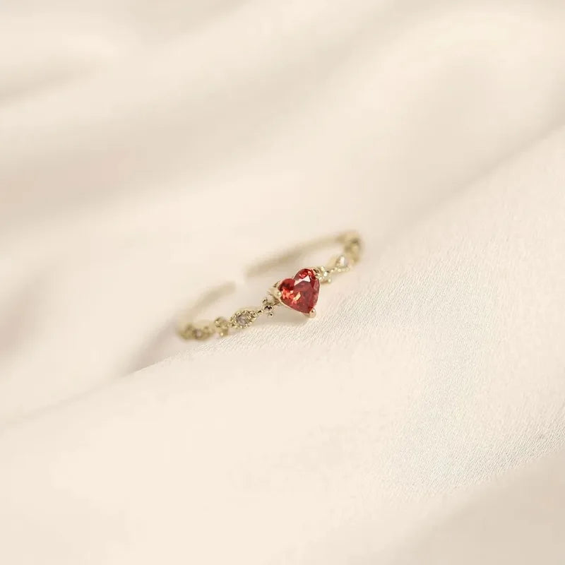 Luxury Red Heart Crystal Opening Rings for Women Wedding Jewelry Stainless Steel