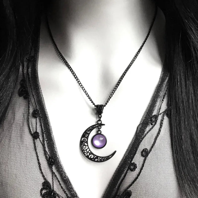 Women Gothic Moon Necklace with Colorful Stone Pendant - Punk Witch Jewelry