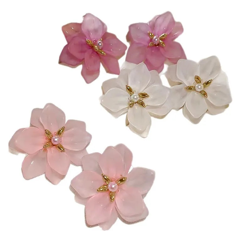 Pink Translucent Flower Petal Stud Earrings for Women - Summer Jewelry Accessories